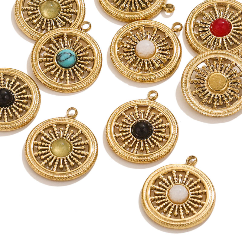 Wholesale Stainless Steel Natural Stone Round Charms Jewelry Making Earring Pendant Necklace DIY Craft Findings