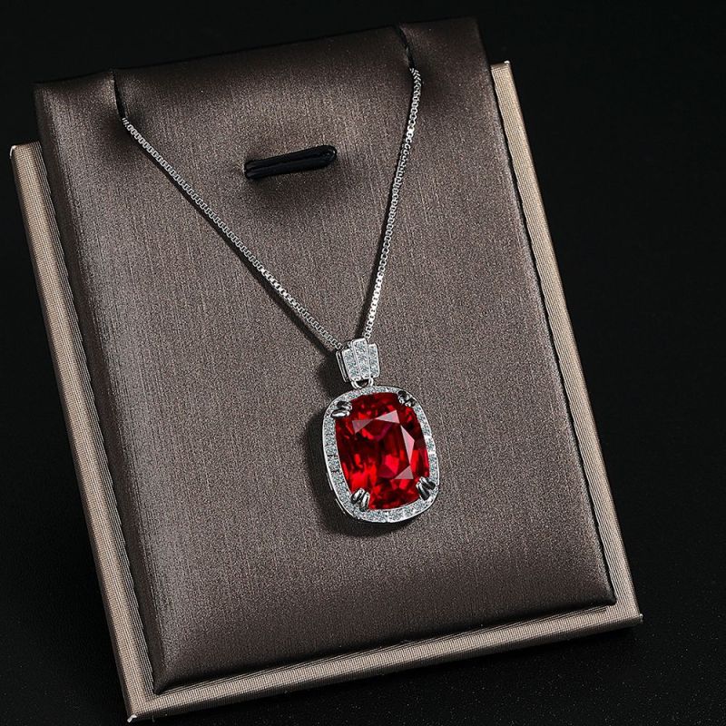 Red Natural Garnet Ruby Pendant Necklace for Women Rectangle Gemstone Jewelry