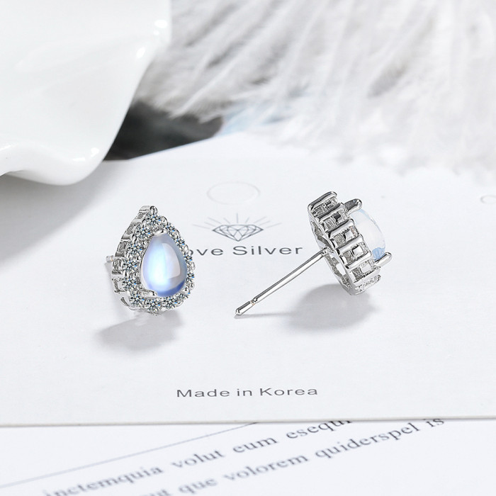 Blue Opal Stone Water Drop Stud Earring for Women Gemstone Statement Jewelry