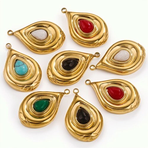 High Quality Gold Color Stainless Steel Natural Stone Oval Teardrop Charms Pendants for Jewelry Making Diy Finding