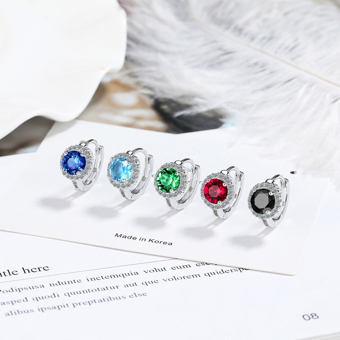 Round Natural Garnet Blue Topaz Sapphire Emerald Ruby Hoop Earring for Women Colorful Gemstone Jewelry 913