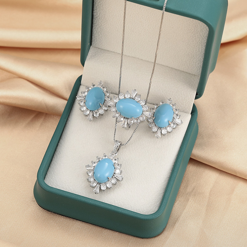 Oval Stone Geometric Stud Earrings Women Austrian Vintage Turquoise Sunflower Necklace Petal Zircon Earrings Ring Set