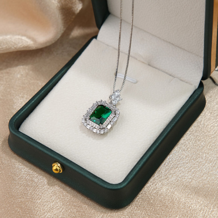 Vintage Square Green Zircon Pendant Necklace for Women Valentines Day Gift