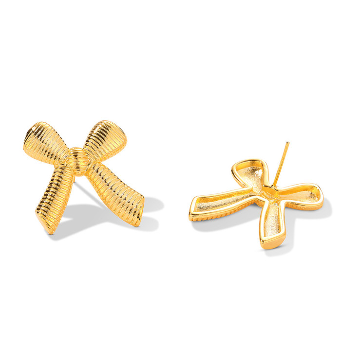 New Fashion Metal Striped Texture BowKnot Stud Earrings for Women 18K Gold Plated Bow Earring Statement Jewelry Gift