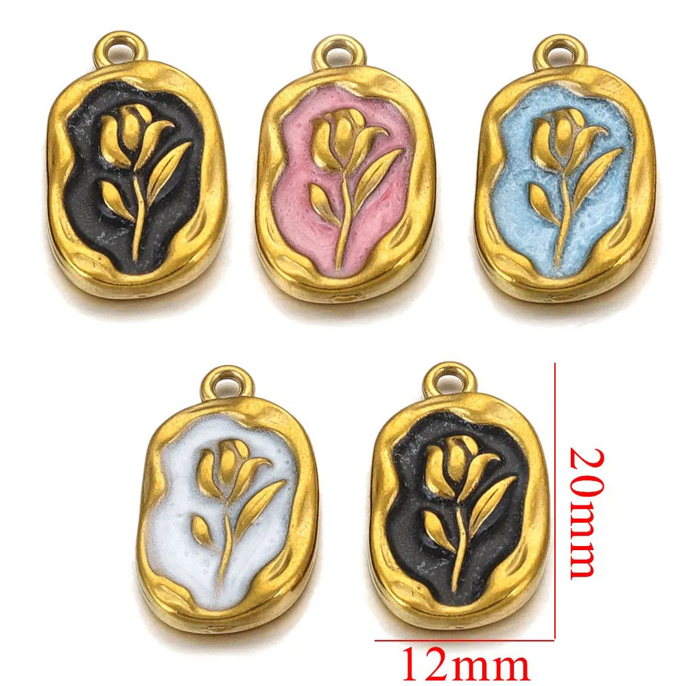 Stainless Steel Enamel Waterproof Rose Flower Charms for Bracelet DIY Earrings Jewelry Making Pendant Supplies