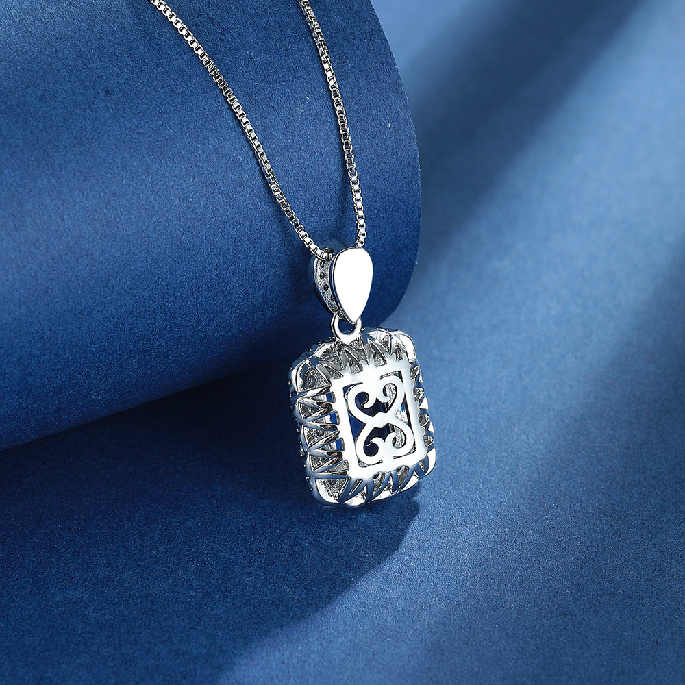 Created Blue Sapphire  Rectangle Pendant Necklace for Women Gemstone Fine Jewelry