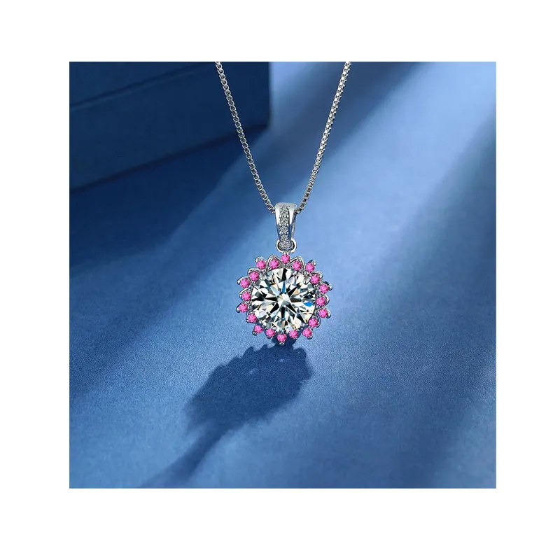 Round Created Pink Sapphire Halo Pendant Necklace for Women Gemstone Jewelry Wedding Gift