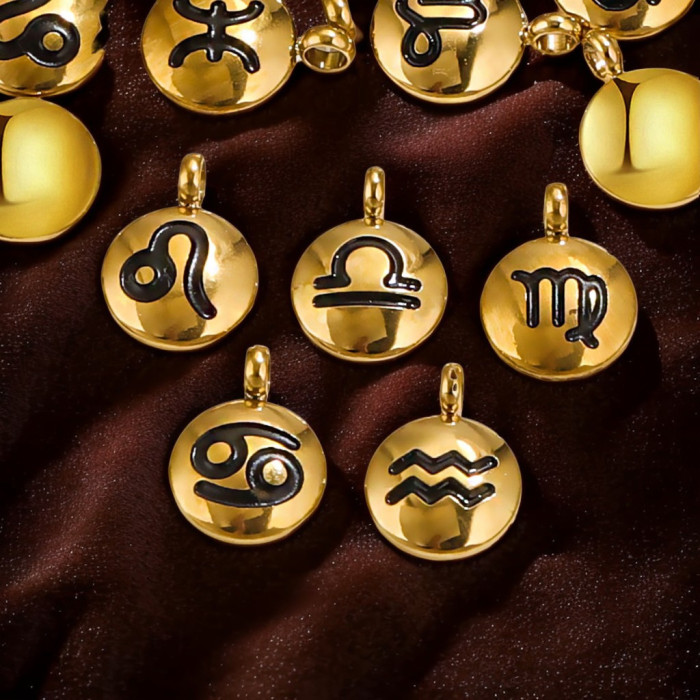 Stainless Steel Round Pendant Corroded constellatio PVD18K Gold Plated Charm Necklace Earring Connector DIY Handmade Consumables