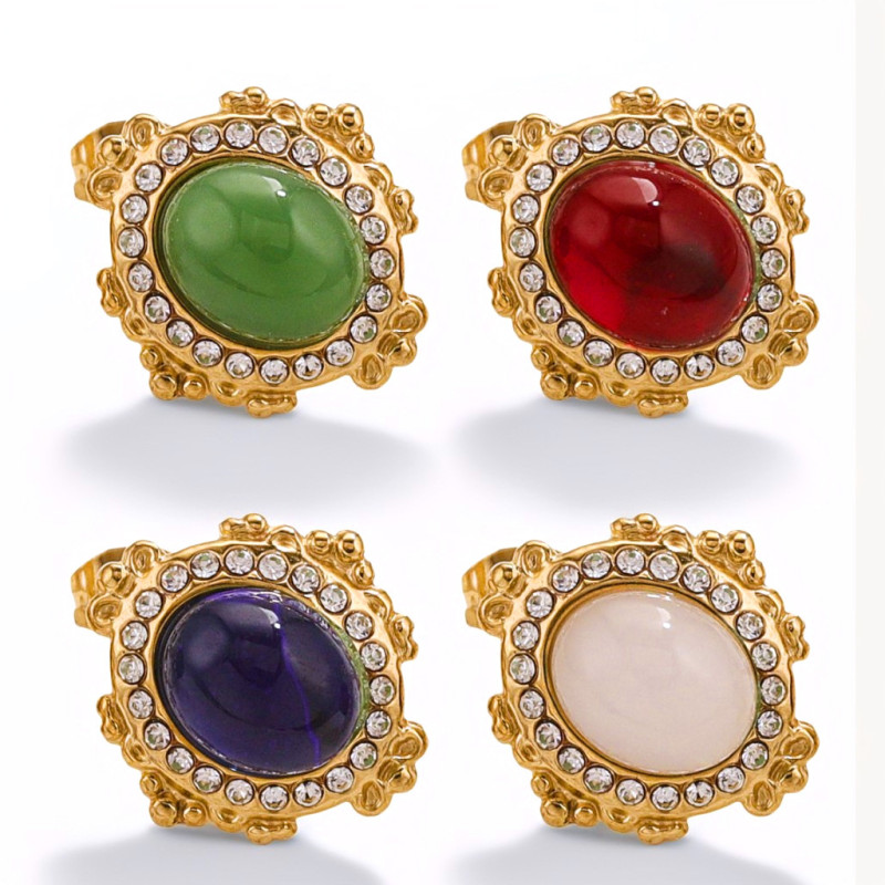 Vintage Colorful Stone Stud Earrings Stainless Steel Women's Earrings Gold Plated Jewelry Aesthetic Wedding Gift