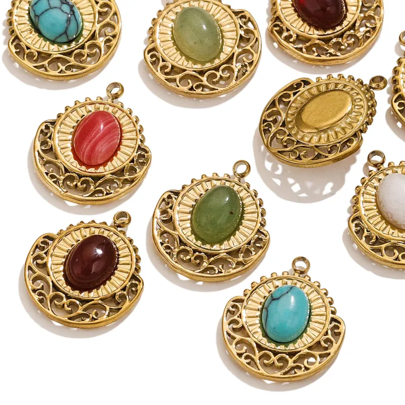Antique Geometric Fan Natural Stone Stainless Steel DIY Charms Women Red Agate Necklace Pendant Malachite Jewelry