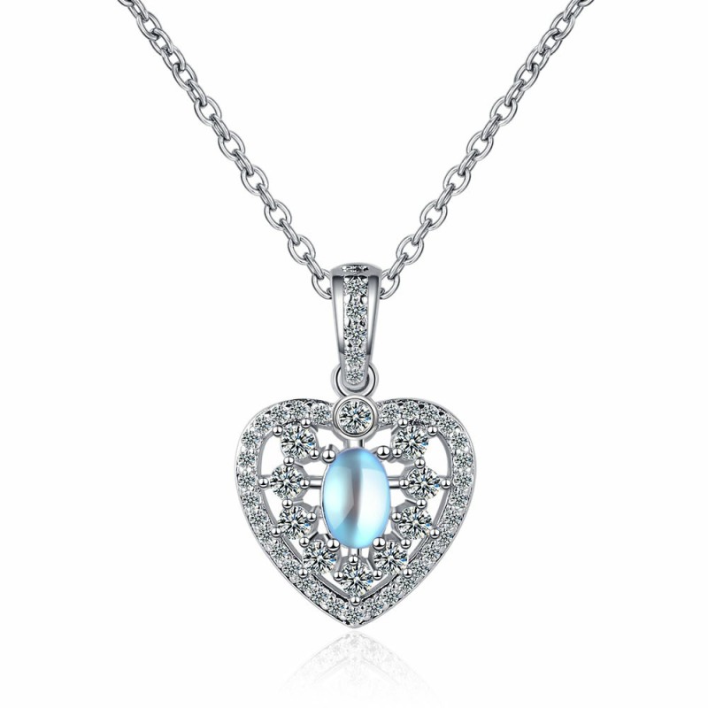 Oval Moonstone Necklace Romantic Heart Shiny CZ Pendant Necklace for Women Wedding Party Jewelry