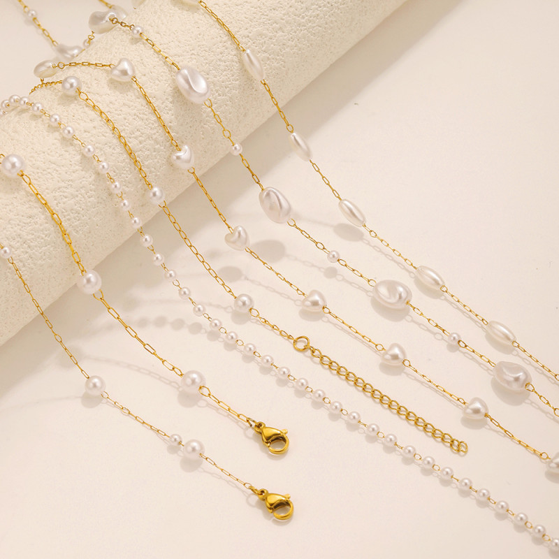 2025 Fashion Gold Color Stainless Steel Pearl Choker Necklace Bracelet for Elegant Women Wedding Jewelry