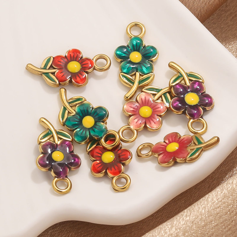 High Quality Waterproof Metal 18K Gold Plated Charming Stainless Steel Flower Enamel Pendant Wedding Party Jewelry