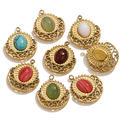 Antique Geometric Fan Natural Stone Stainless Steel DIY Charms Women Red Agate Necklace Pendant Malachite Jewelry