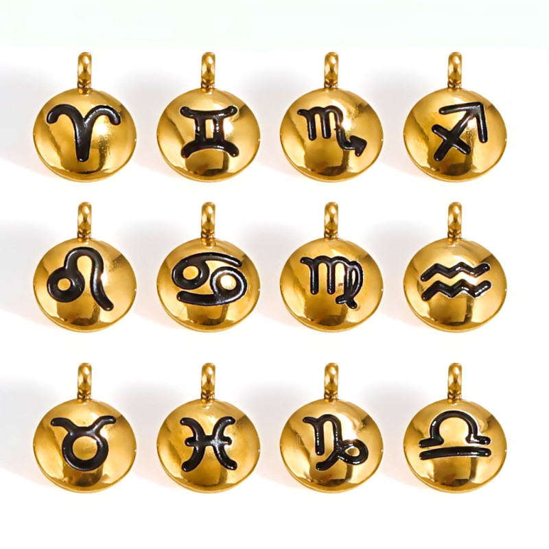 Stainless Steel Round Pendant Corroded constellatio PVD18K Gold Plated Charm Necklace Earring Connector DIY Handmade Consumables