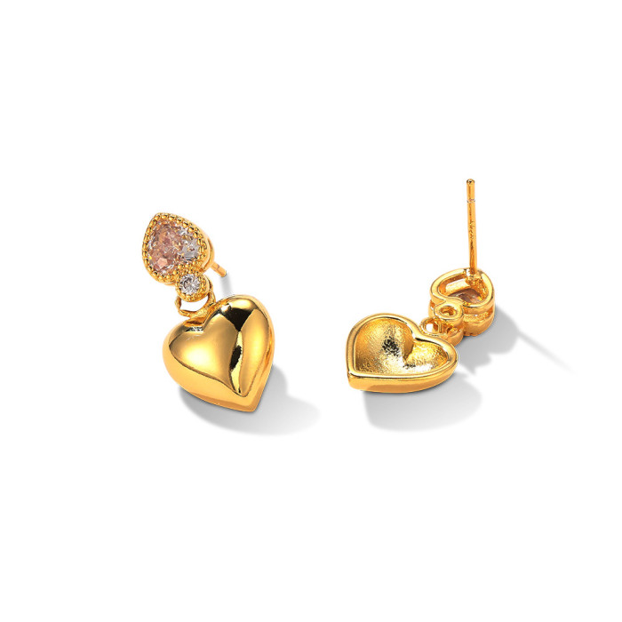 Fashion Cubic Zirconia Love Heart Stud Earrings Copper 18K Gold Plated Handmade Daily Jewelry for Women