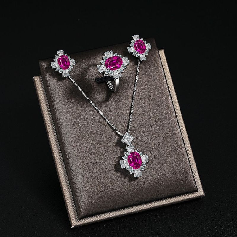 New Red Zircon Jewelry Set Anniversary Commemorative Party Luxury Women's Necklace Earring Ring Jewelry