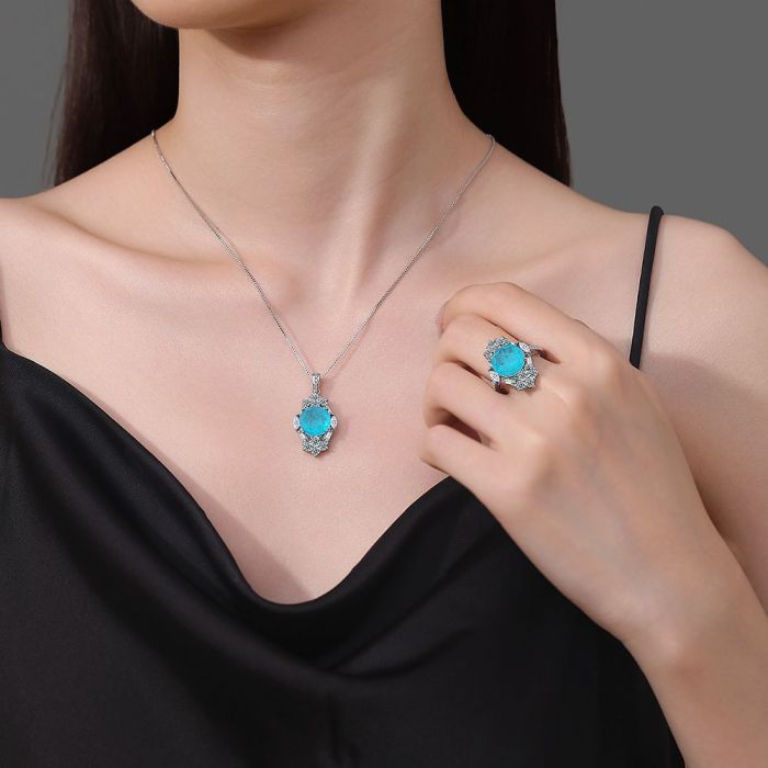New Paraiba Women's Jewelry Set Zircon Stud Earrings Pendant Adjustable Ring Set Party Gift