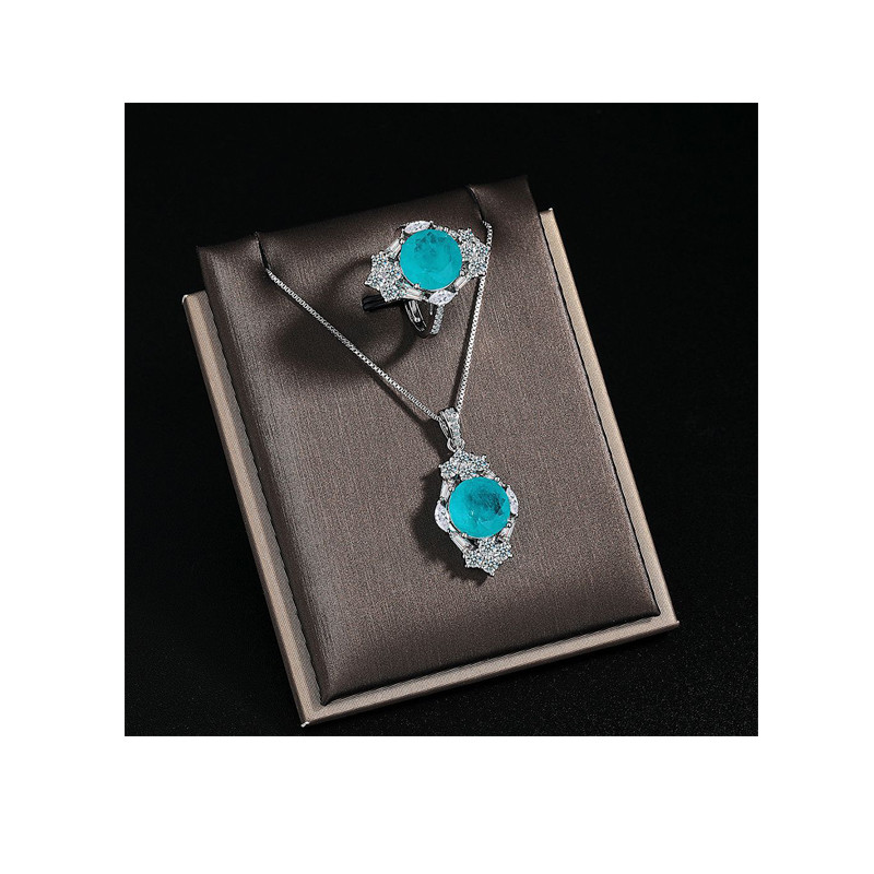 New Paraiba Women's Jewelry Set Zircon Stud Earrings Pendant Adjustable Ring Set Party Gift