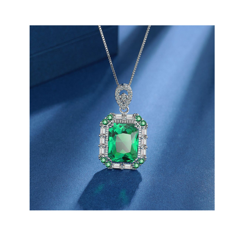 Square Simulated Nano Emerald Pendant Necklace for Women Green Gemstone Choker Gift