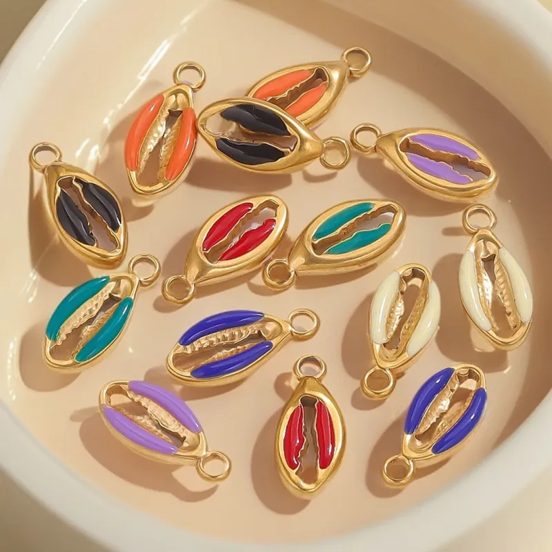 Stainless Steel Multicolour Enamel Cowrie Shell Charms Pendants for DIY Bracelets Necklace Jewelry Making Accessories