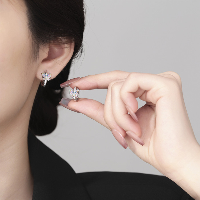 Princess Rainbow Butterfly Hoop Earring for Women Colorful Zircon Loop Huggies Earring Korea Jewelry