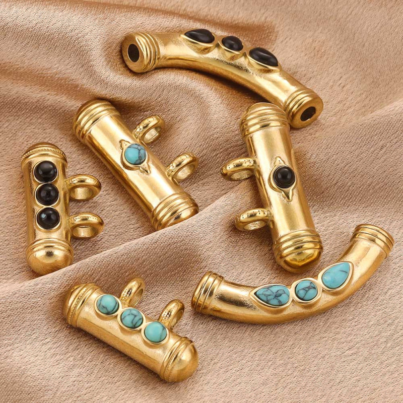 Stainless Steel Gold Plated Natural Stone Tube Beads Pendant Bohemian for DIY Necklace Bracelet Charms for Jewelry Making