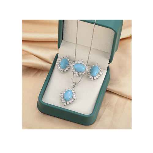 Oval Stone Geometric Stud Earrings Women Austrian Vintage Turquoise Sunflower Necklace Petal Zircon Earrings Ring Set