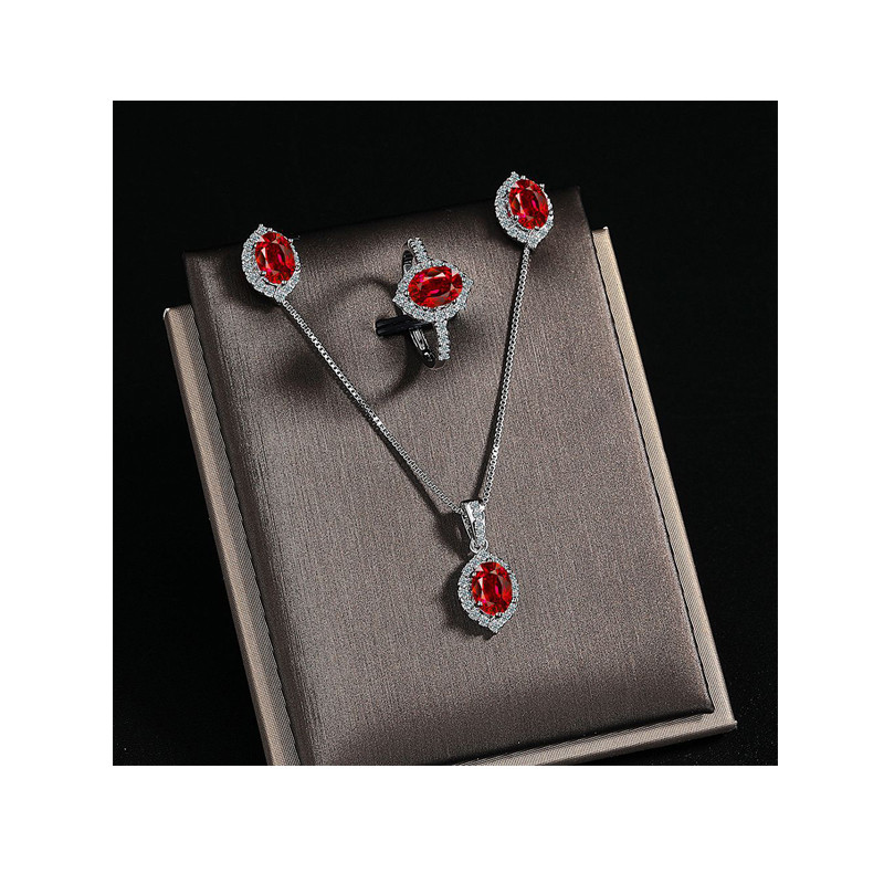 Oval Cut Natural Red Garnet Jewelry Set Necklace Earring Ring for Women Ruby Gemstone Jewelry