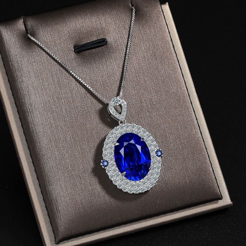 Luxury Blue Gemstones Crystal Choker Pendant Necklace for Women Female Wedding Party Jewelry