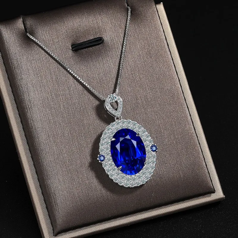 Luxury Blue Gemstones Crystal Choker Pendant Necklace for Women Female Wedding Party Jewelry