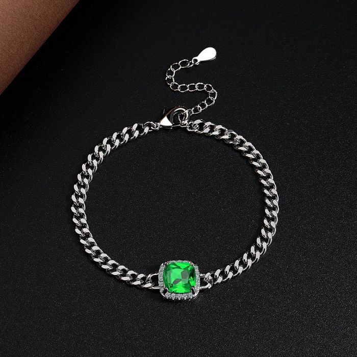 Princess Cut Green Simulated Nano Emerald Created Ruby Bracelet Square Gemstone Jewelry Pulseiras for Women