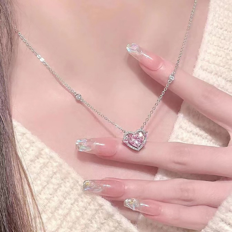 Shining Pink Rhinestone Heart Necklcace Delicate Elegant Women Party Fashion Jewelry Gift