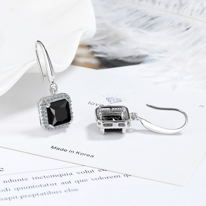 Ins Square Blue Green Red Black Zircon Drop Dangle Earrings for Women Vintage Wedding Engagement Party Jewelry