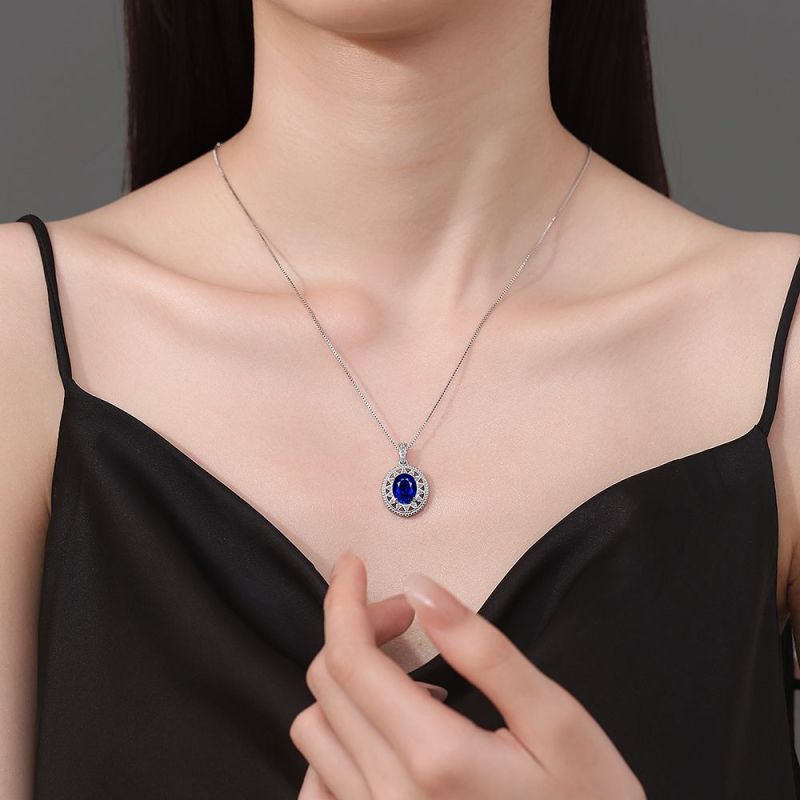Exquisite Blue Gemstones Crystal Hollow Pendant Necklace for Women Female Luxury Wedding Party Jewelry