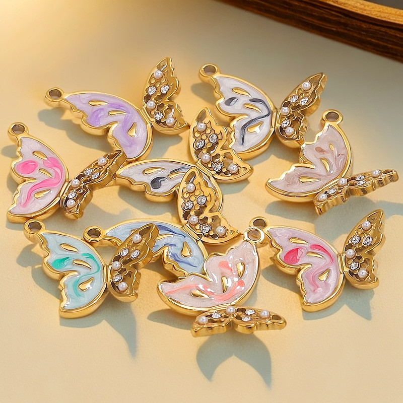 Stainless Steel Enamel Charm Butterfly Pendant for DIY Production of Women's Exquisite Gold Necklace Bracelet Wholesale