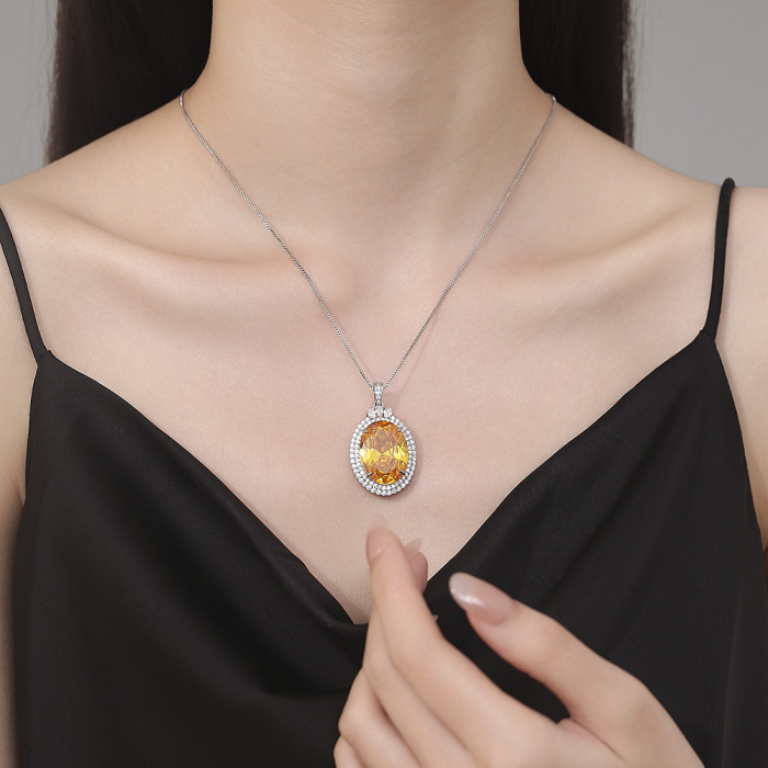 Huge Oval Natural Yellow Citrine Pendant Necklace for Women Statement Gemstone Fine Jewelry