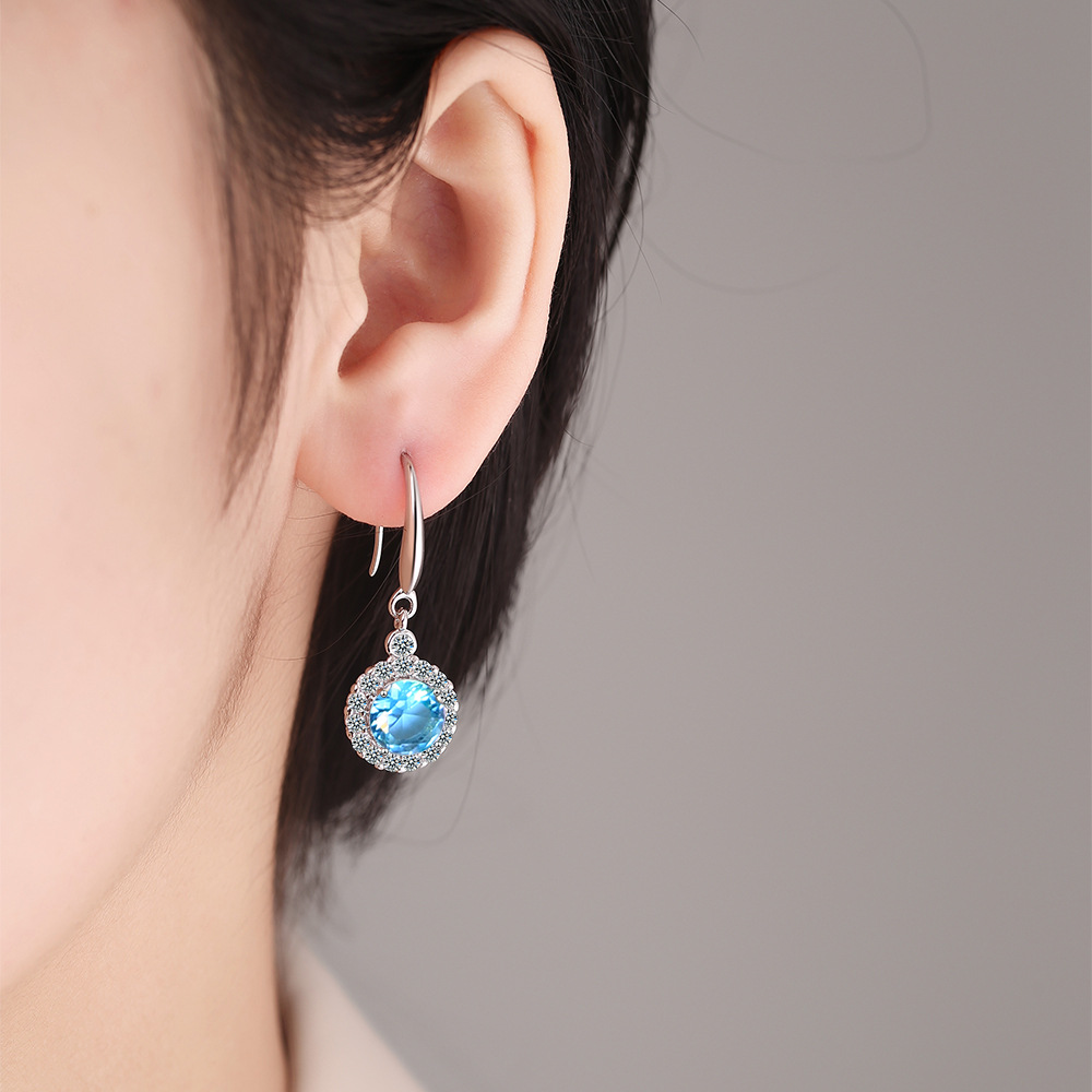 Round Cut Created Blue Sapphire Halo Drop Earrings for Women Fashion Statement Gemstone Jewelry