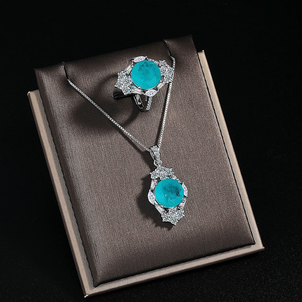New Paraiba Women’s Jewelry Set Zircon Stud Earrings Pendant Adjustable Ring Set Party Gift