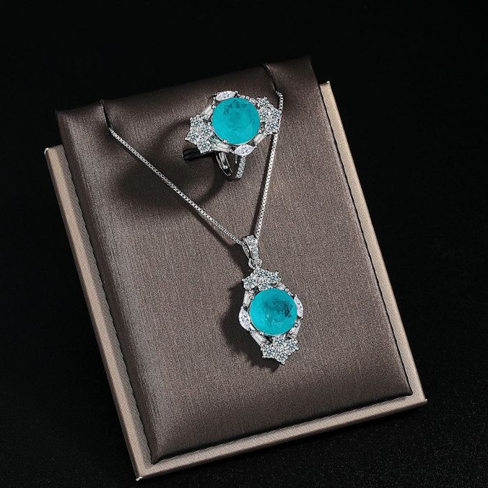 New Paraiba Women's Jewelry Set Zircon Stud Earrings Pendant Adjustable Ring Set Party Gift