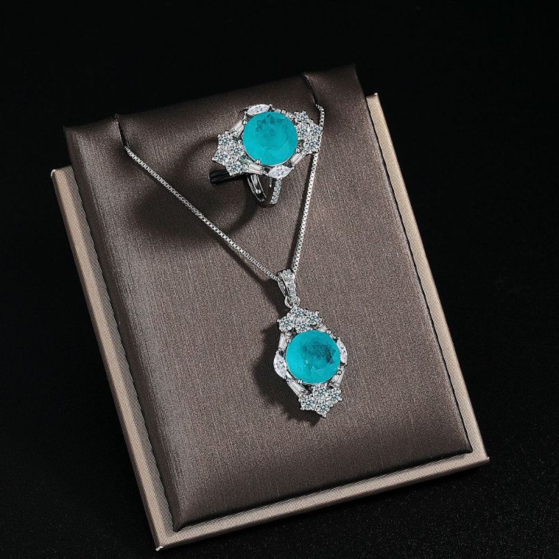 New Paraiba Women's Jewelry Set Zircon Stud Earrings Pendant Adjustable Ring Set Party Gift