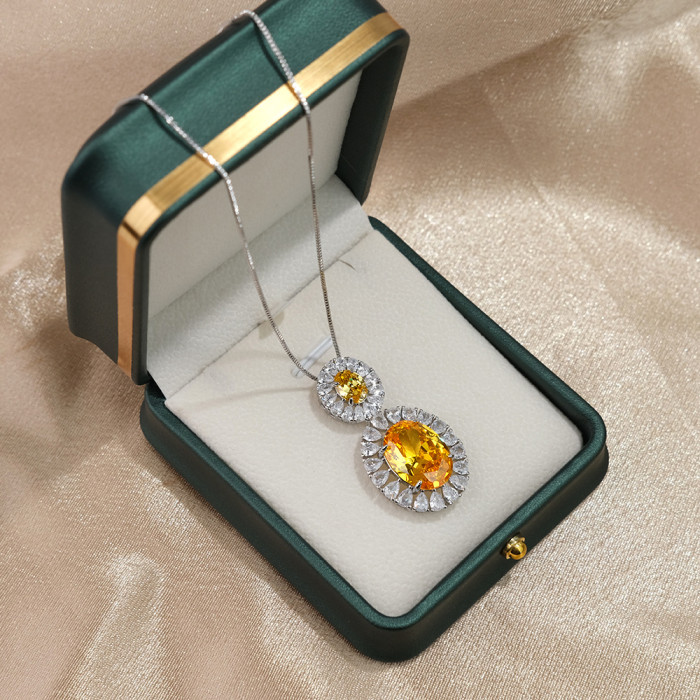 Elegant Luxury Fashion Yellow Crystal Zircon Necklace For Women Girls Party Wedding Bride Jewelry Gift