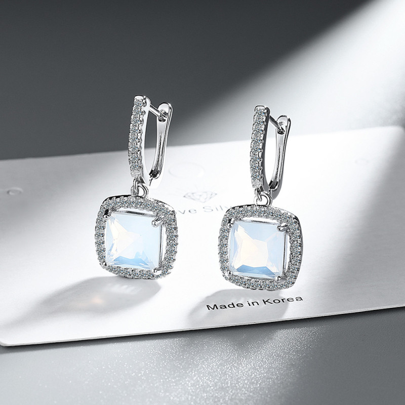Square Natural Blue Opal Stone Hoop Earring for Women Fashion Statement Gemstone Jewelry