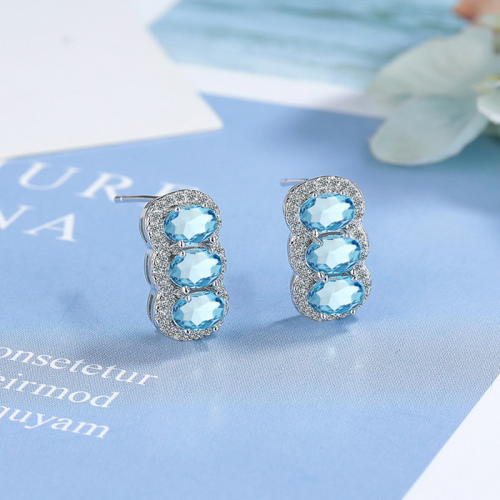 Oval Shape Created Sapphire Stud Earrings Blue Gemstone for Women Wedding Party Jewelry