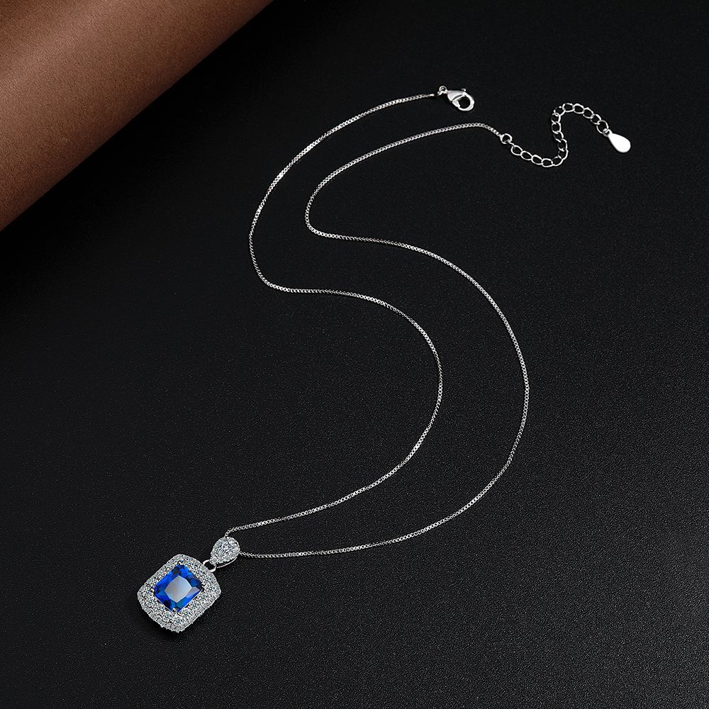 Created Blue Sapphire  Rectangle Pendant Necklace for Women Gemstone Fine Jewelry