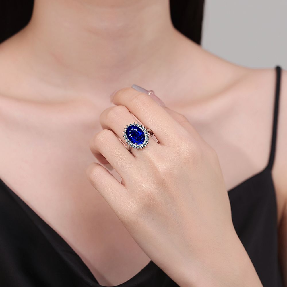 Luxury Jewelry Oval Cut Blue Zircon Bridal Rings for Women Wedding Engagement Ring Set Gifts