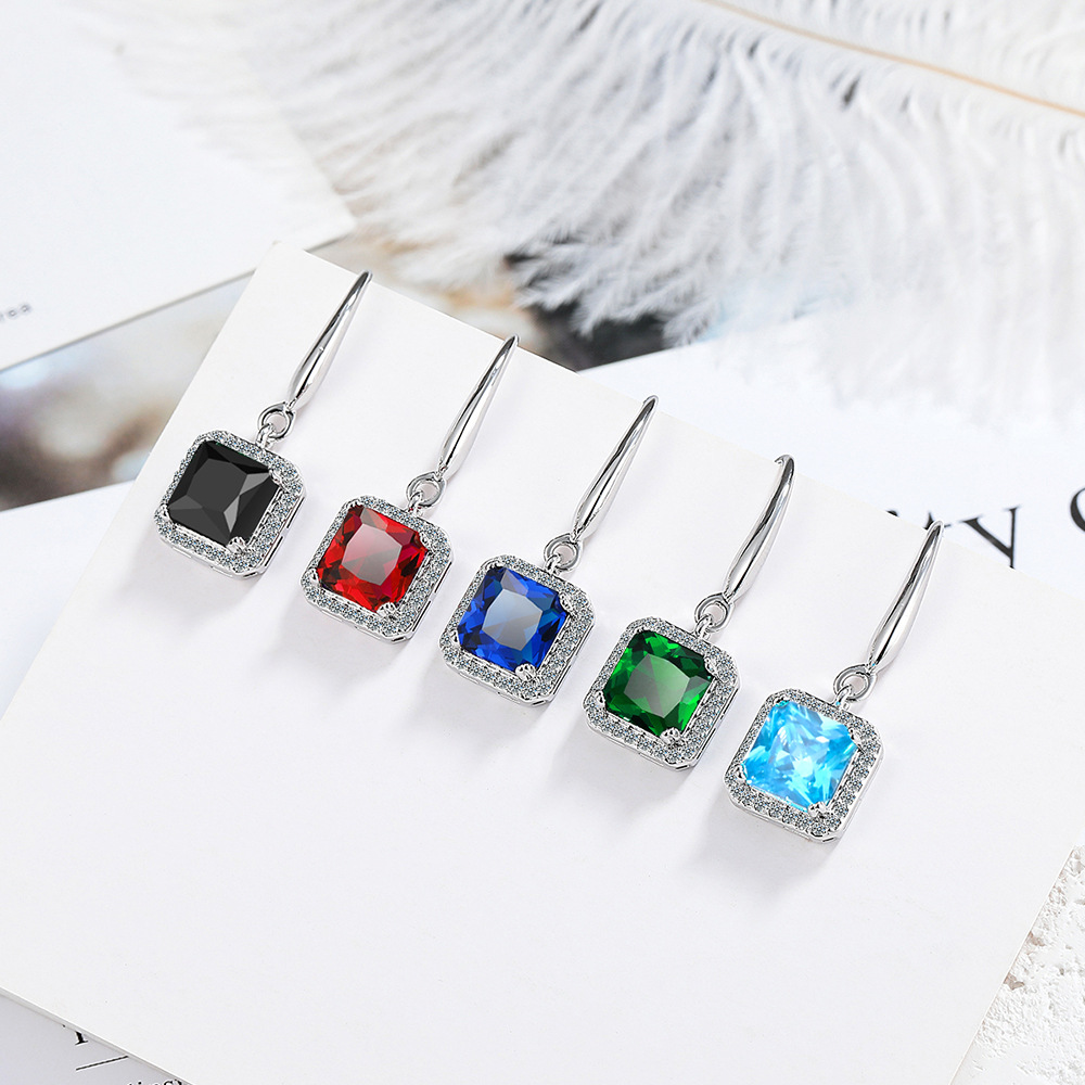 Ins Square Blue Green Red Black Zircon Drop Dangle Earrings For Women Vintage Wedding Engagement Party Jewelry2