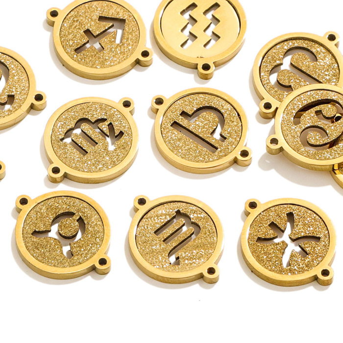 Double Hole Circular 18K Stainless Steel Zodiac Pendant with Personalized Design and Popular DIY Accessories