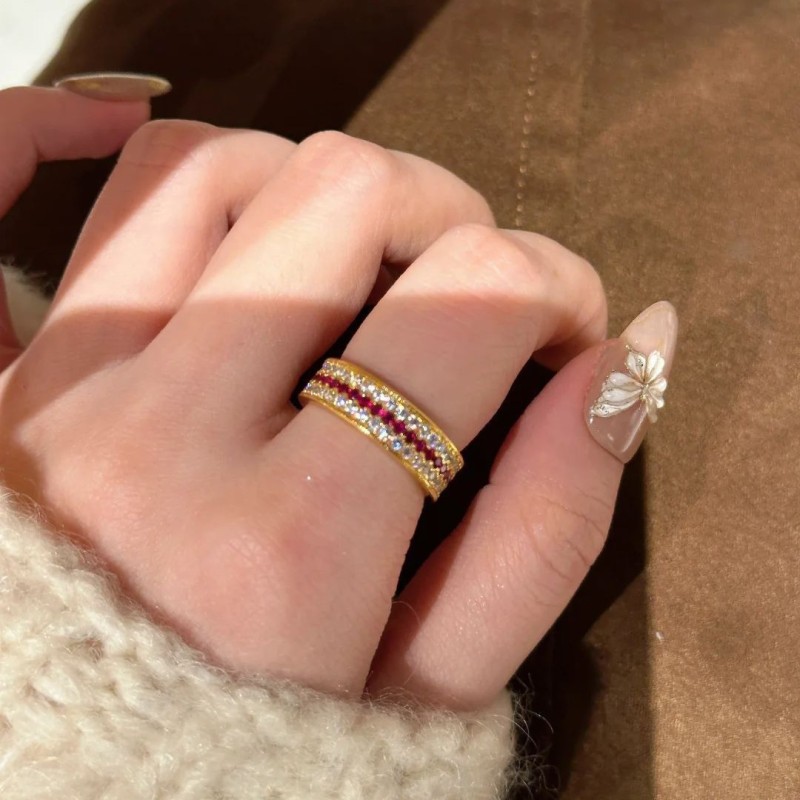 Three Row Diamond Ruby Women Ring Yellow Gold CoIor Inlay High Carbon Diamond Wedding Band Couple Luxury Jewelry Gift