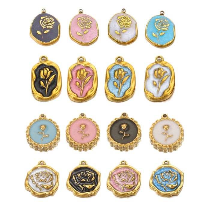 Stainless Steel Enamel Waterproof Rose Flower Charms for Bracelet DIY Earrings Jewelry Making Pendant Supplies